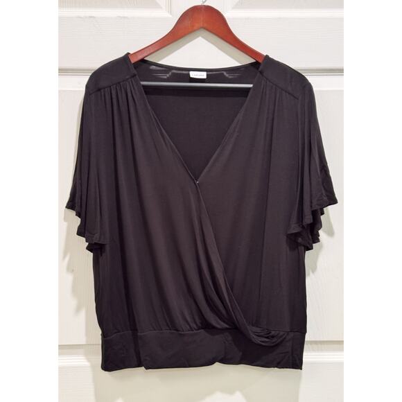 Lascana Women's Black V-Neck Flutter Short Sleeve Faux Wrap Blouse Size US 12-14 - Picture 1 of 7